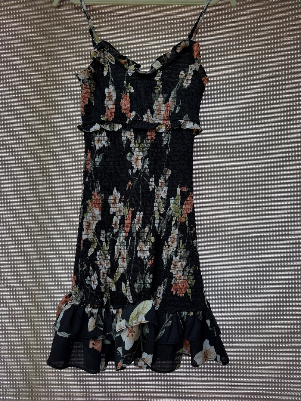 Black Floral Smocked Mini Dress with Ruffle Hem